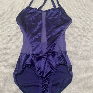 Double Platinum Purple satin cross back dance leotard with side/ back mesh. AXS